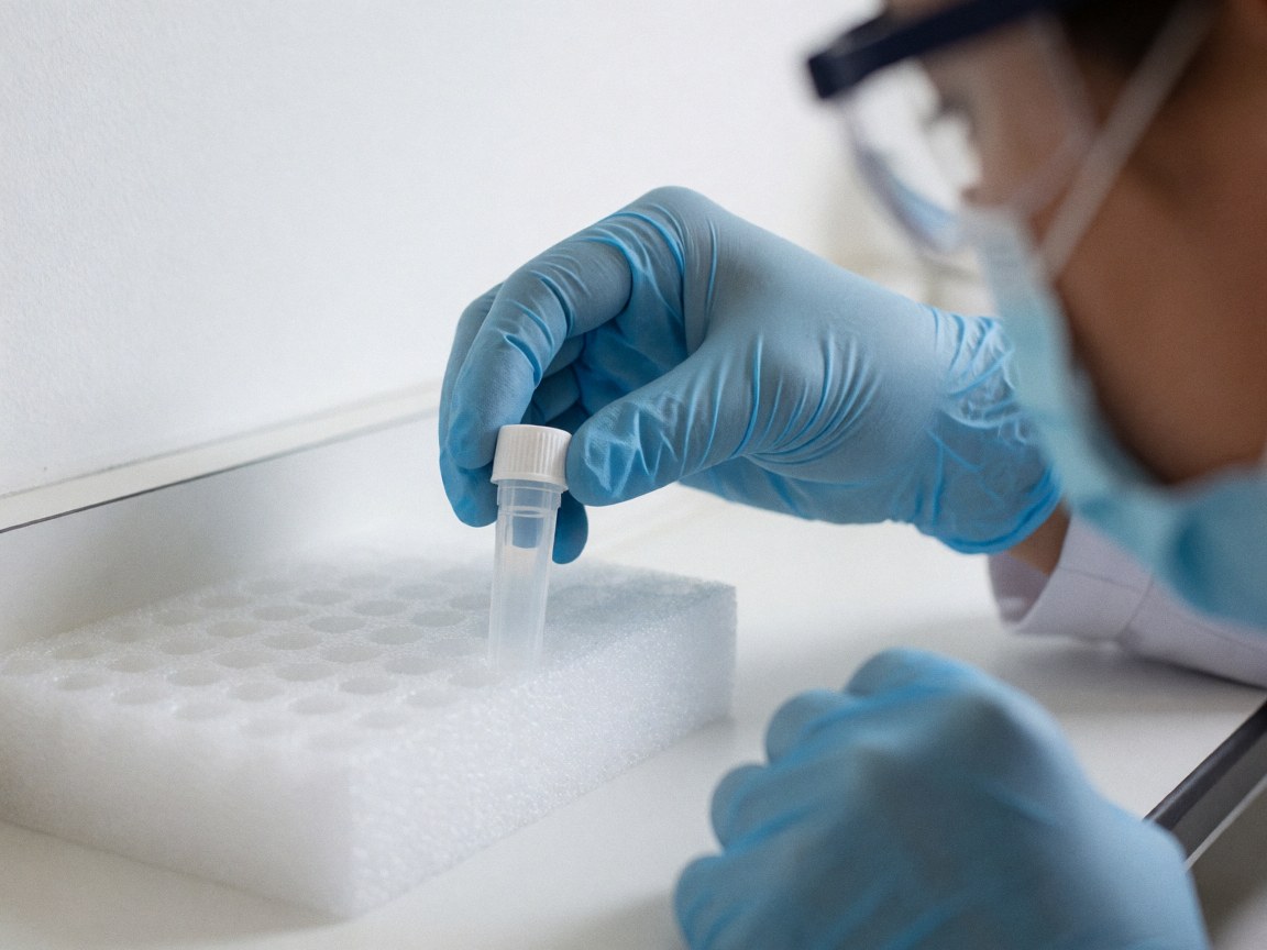 Une main portant un gant bleu place délicatement un tube à essai contenant un échantillon dans un support en mousse blanche, illustrant la précision et l'hygiène en laboratoire.