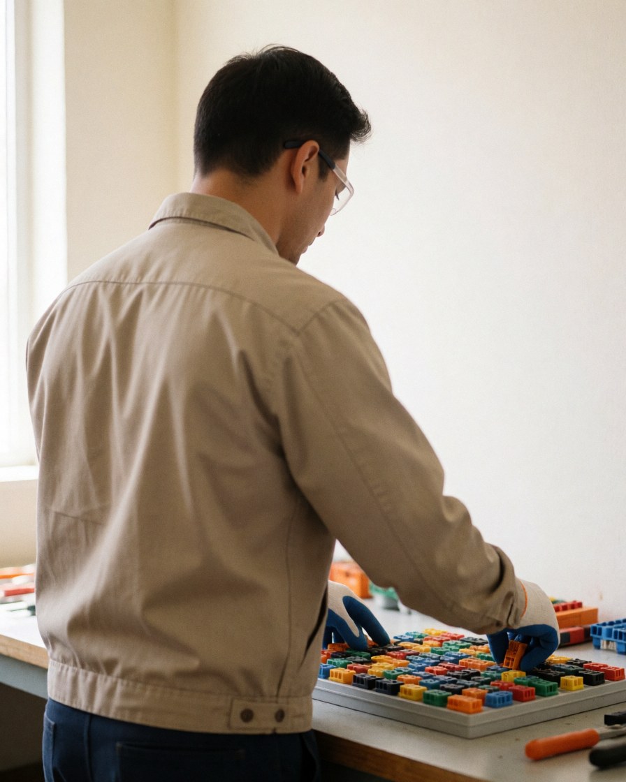 Un électricien portant des gants et des lunettes de sécurité organise des connecteurs dans un atelier lumineux aux murs blancs, dans un environnement professionnel et ordonné.
