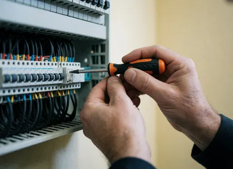 Main d'un technicien serrant un terminal avec un tournevis sur un panneau. Câbles rangés dans un conduit noir, fond beige, éclairage neutre.