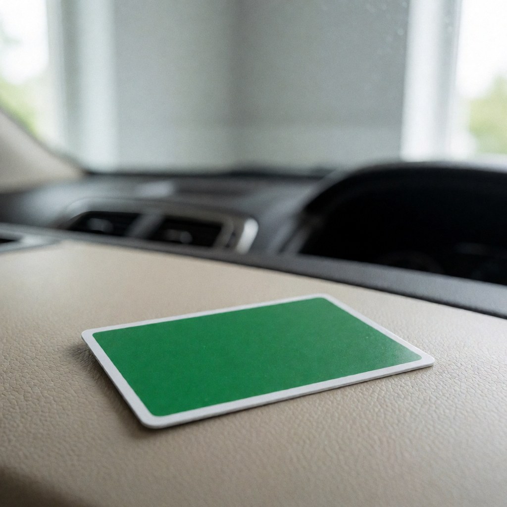 Carte verte d'immatriculation posée sur un tableau de bord de voiture avec éclairage naturel et fond flou, idéale pour les auto-écoles.