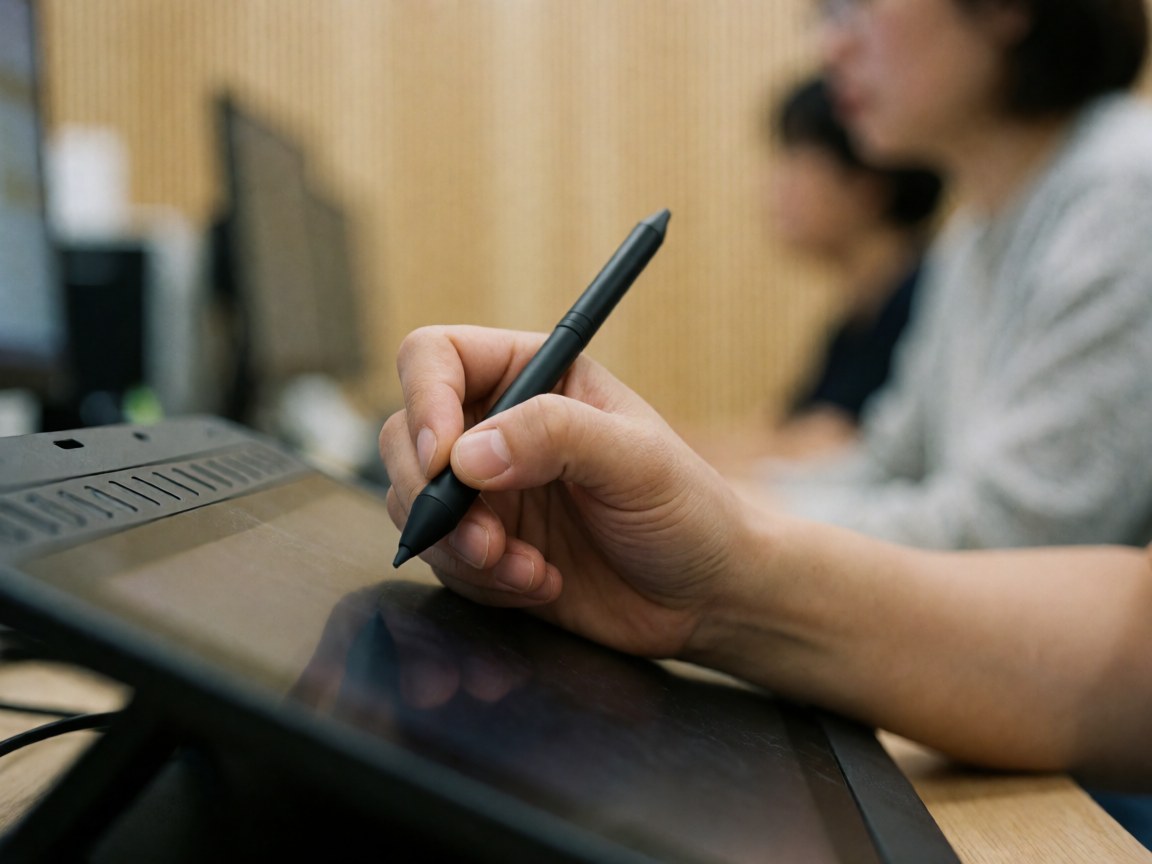 Vue rapprochée de mains travaillant avec précision sur une tablette graphique, illustrant le service professionnel et la précision numérique pour les startups et le secteur technologique.