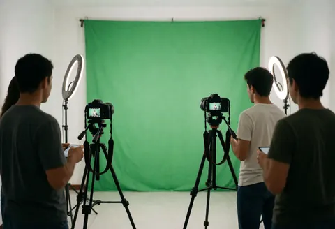 Trois personnes travaillent dans un studio vidéo équipé de caméras sur trépieds et d'éclairages, prêtes à enregistrer du contenu pour des cours en ligne.