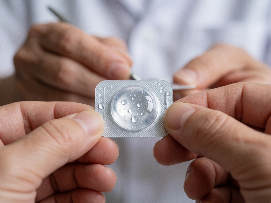 Mains tenant un blister contenant une lentille de contact et des gouttes d'eau sur un fond flou, propre et professionnel pour l'optique.