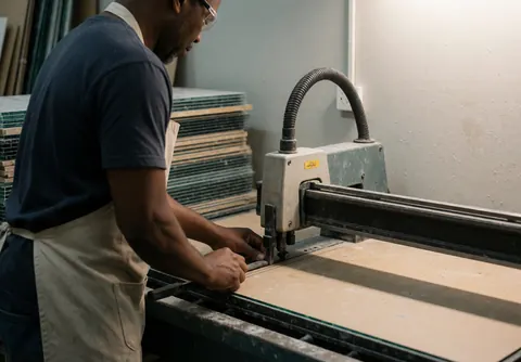 Un travailleur portant des lunettes de sécurité et un tablier utilise une machine de coupe de verre industrielle dans un atelier avec des matériaux empilés.