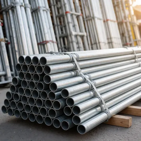 Plusieurs échafaudages métalliques empilés verticalement dans un entrepôt industriel, avec des tuyaux et des cordes visibles sur un fond flou.