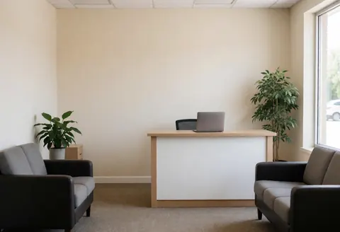 Réception d'agence immobilière avec ordinateur, chaises d'attente, plantes vertes, murs beiges, sol en bois et fenêtre laissant entrer la lumière naturelle.