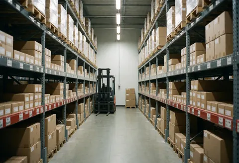 Entrepôt de distribution vide avec des étagères métalliques hautes remplies de cartons, un chariot élévateur en arrière-plan et des lumières fluorescentes, idéal pour la logistique.