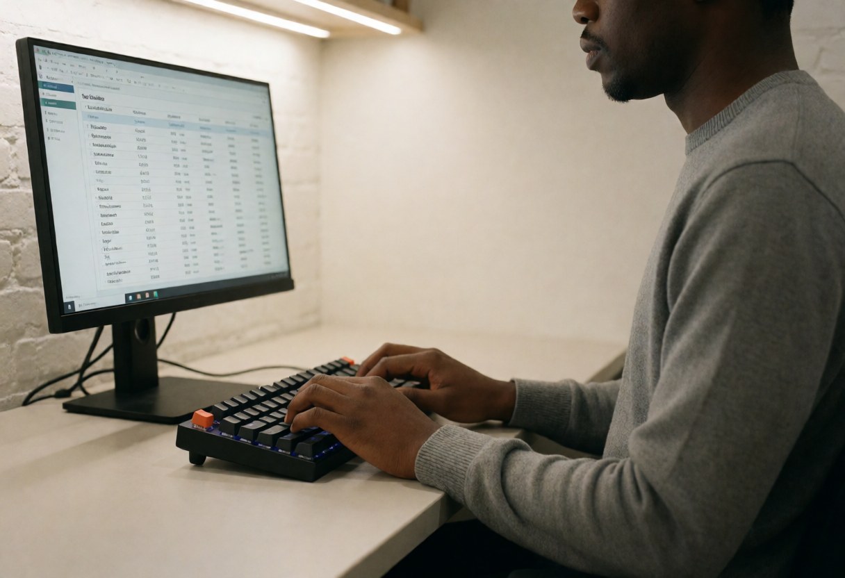 Un professionnel des ressources humaines utilise un ordinateur avec un clavier mécanique dans un bureau moderne au mur de briques blanches.