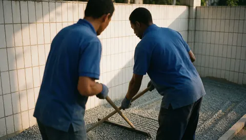 Deux jardiniers en chemises bleues et gants nivelant du gravier dans une cour avec un mur de carreaux blancs sous la lumière du coucher de soleil.