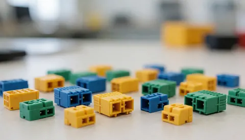 Fond professionnel avec des connecteurs électriques Wago aux couleurs douces, idéal pour superposer du texte. Scène de travail électrique avec outils et composants visibles.