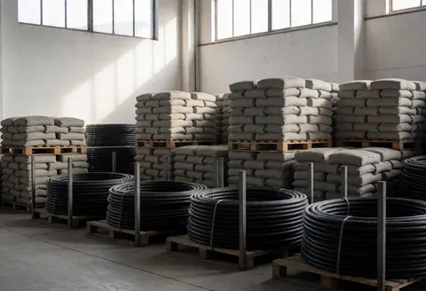 Intérieur d'un magasin de quincaillerie montrant des sacs de ciment empilés sur des palettes et des tuyaux noirs, éclairage naturel par des fenêtres hautes, murs blancs et ambiance industrielle.