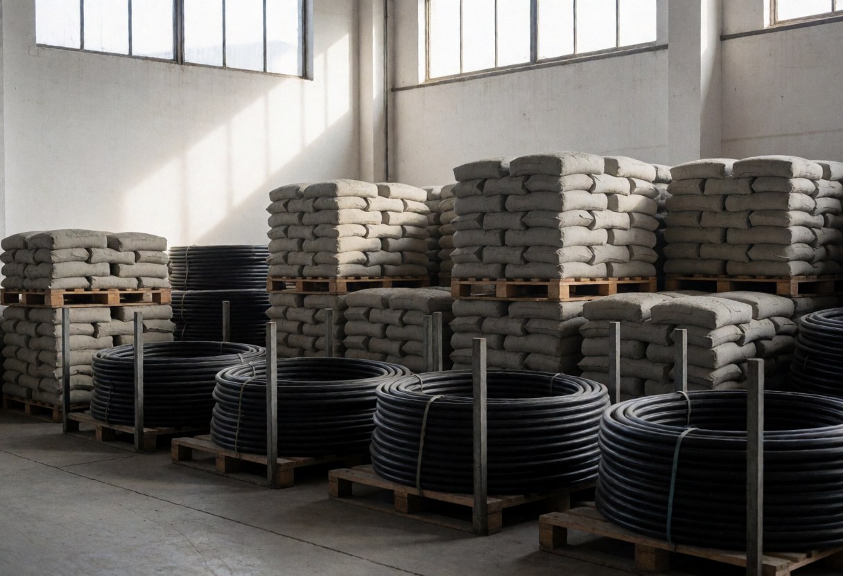 Intérieur d'un magasin de quincaillerie montrant des sacs de ciment empilés sur des palettes et des tuyaux noirs, éclairage naturel par des fenêtres hautes, murs blancs et ambiance industrielle.