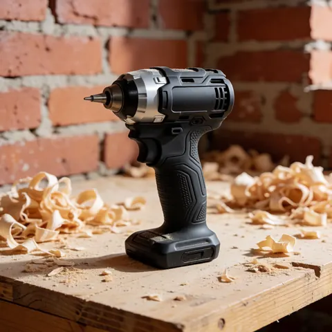 Perceuse à impact noire et grise avec des copeaux de bois sur un établi en extérieur sous le soleil.