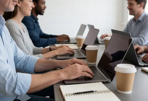 Groupe de freelances concentrés sur leurs ordinateurs portables dans un espace de coworking lumineux, avec café et carnets, dans une ambiance professionnelle.