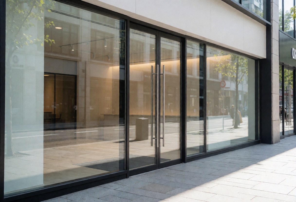 Façade d'entrée de coworking contemporain avec grandes baies vitrées, reflets urbains, éclairage chaleureux et ambiance professionnelle.