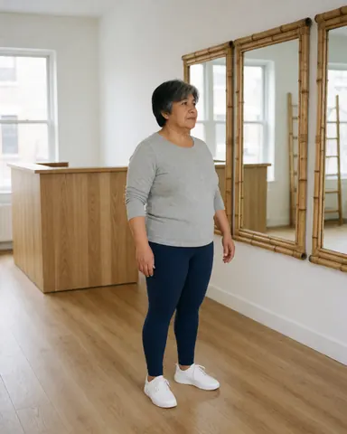 Une femme d'âge mûr dans un studio de yoga, avec des miroirs en bambou et un sol en bois, concentrée et professionnelle, vêtue de vêtements de sport, dans un environnement lumineux et minimaliste.