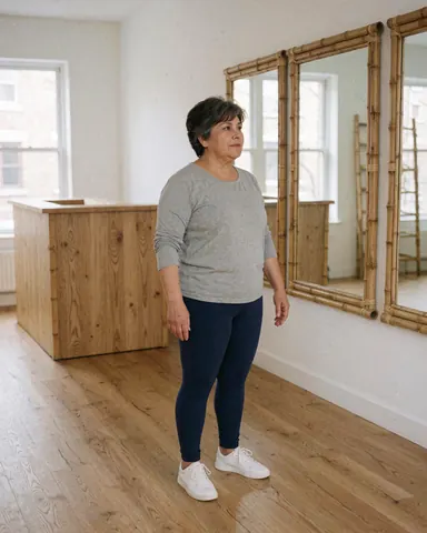 Une femme d'âge mûr dans un studio de yoga, avec des miroirs en bambou et un sol en bois, concentrée et professionnelle, vêtue de vêtements de sport, dans un environnement lumineux et minimaliste.