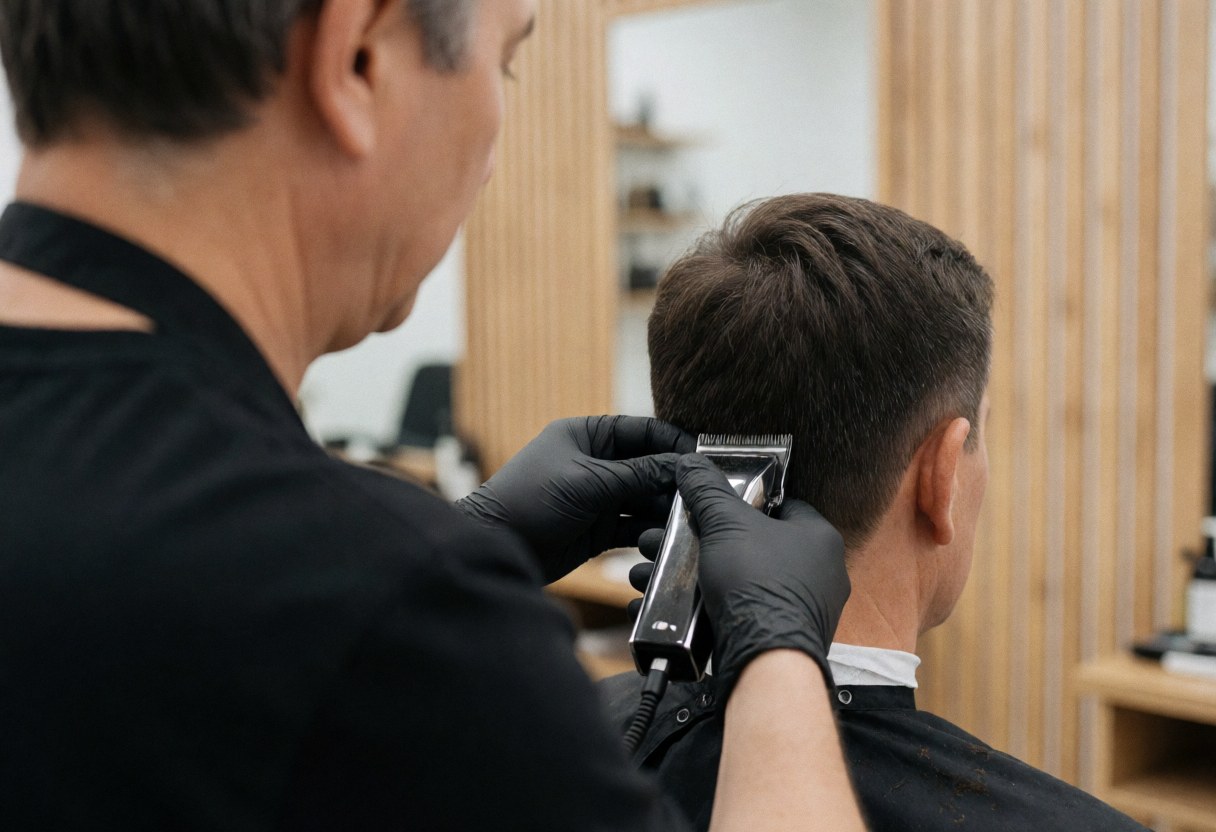 Un barbier portant des gants noirs coupe les cheveux d'un client avec une tondeuse électrique devant un mur en bois.
