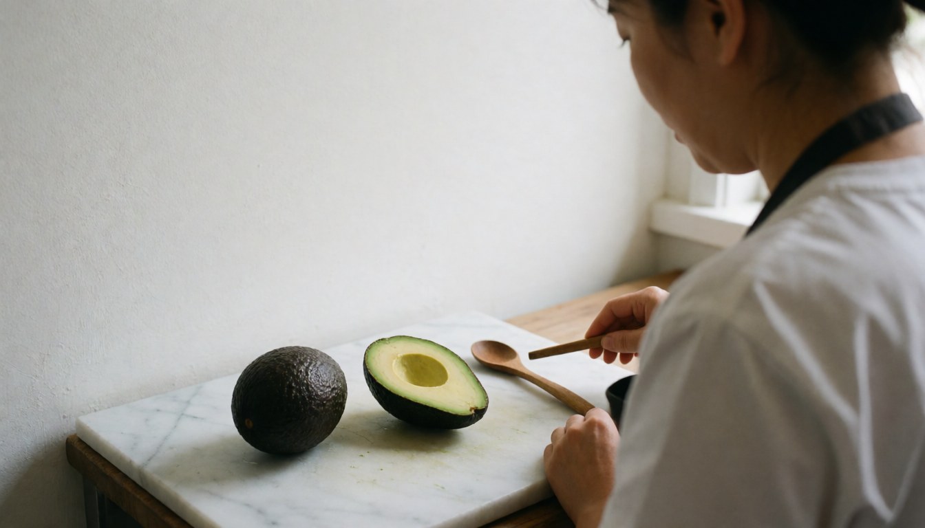 Une cuisinière de dos prépare un avocat frais sur une table en marbre blanc avec une cuillère en bois et une lumière naturelle douce.