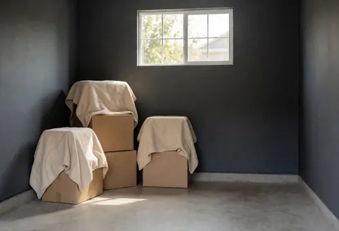 Cartons de déménagement couverts de couvertures dans un garage vide et ordonné, éclairé par la lumière naturelle entrant par une fenêtre, prêt à être ouvert ou loué.