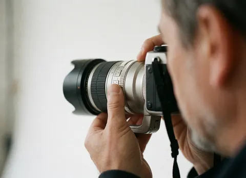Un photographe professionnel ajuste manuellement la mise au point de son objectif d'appareil photo dans un environnement de studio.