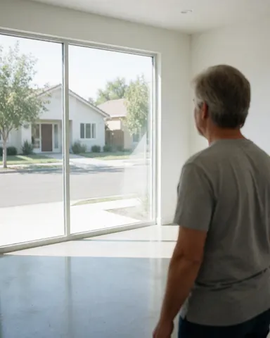 Un homme d'âge mûr regarde depuis l'intérieur d'une maison vide et lumineuse, avec un sol en béton poli et une grande fenêtre donnant sur une rue calme.