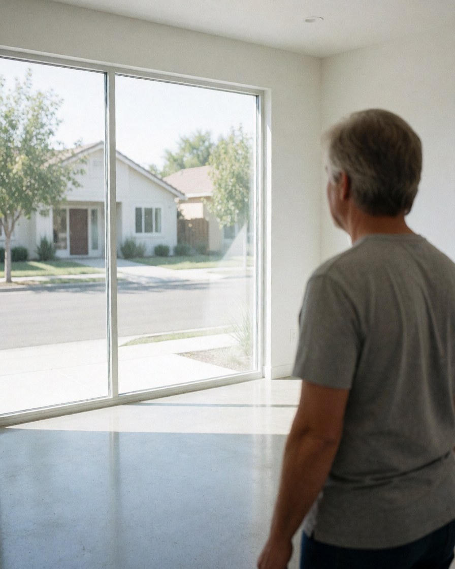 Un homme d'âge mûr regarde depuis l'intérieur d'une maison vide et lumineuse, avec un sol en béton poli et une grande fenêtre donnant sur une rue calme.