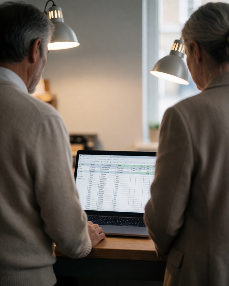 Deux consultants examinent une feuille de calcul sur un ordinateur portable posé sur un bureau en bois dans un bureau moderne aux lumières chaudes.