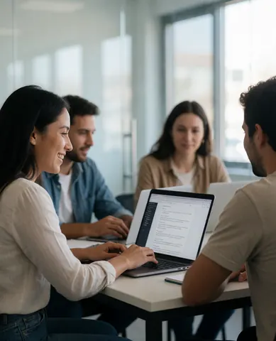 Une cliente souriante utilise son ordinateur portable dans un espace de coworking moderne et lumineux.
