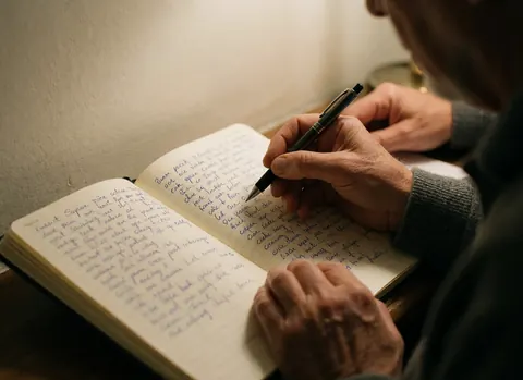 Mains tenant un stylo et écrivant dans un carnet posé sur une surface texturée, éclairage chaud, fond blanc, détail de concentration pour préparation de cours.