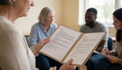 Un adulte âgé tient et consulte attentivement un document ou un dépliant relatif à un programme de cours de langues étrangères.