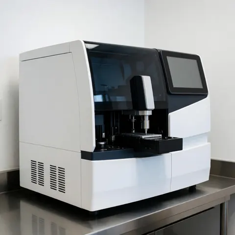 Machine automatique d'analyse clinique sur une surface en acier inoxydable dans un laboratoire moderne aux murs blancs et à l'éclairage neutre.