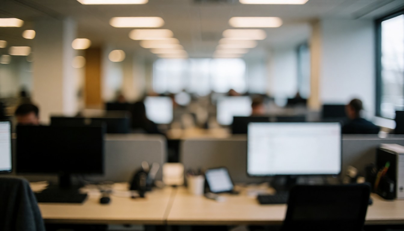 Vue d'un écran d'ordinateur noir posé sur un bureau en bois, avec un arrière-plan de bureau professionnel flou et lumineux servant de fond neutre.