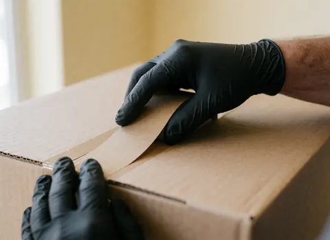 Gros plan d'une main portant un gant noir qui applique du ruban adhésif sur une boîte en carton, avec une texture visible sur fond beige, évoquant le travail de déménagement.