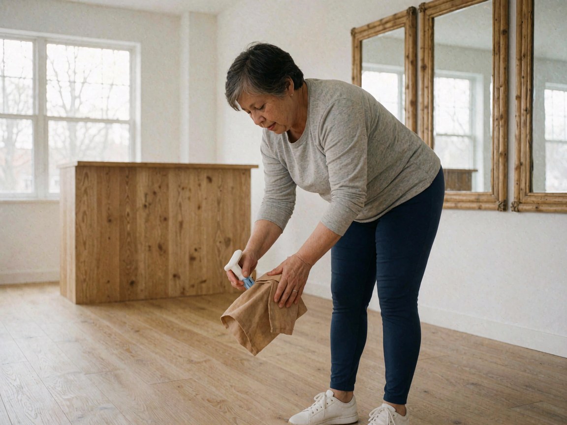 Une femme effectue un nettoyage approfondi des sols en bois et des miroirs dans un studio de yoga avec des produits désinfectants.