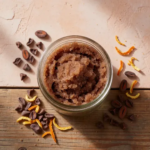 Un pot en verre rempli de gommage au cacao est posé sur une table en bois, entouré de fèves de cacao et d'écorces d'orange devant un mur en plâtre.