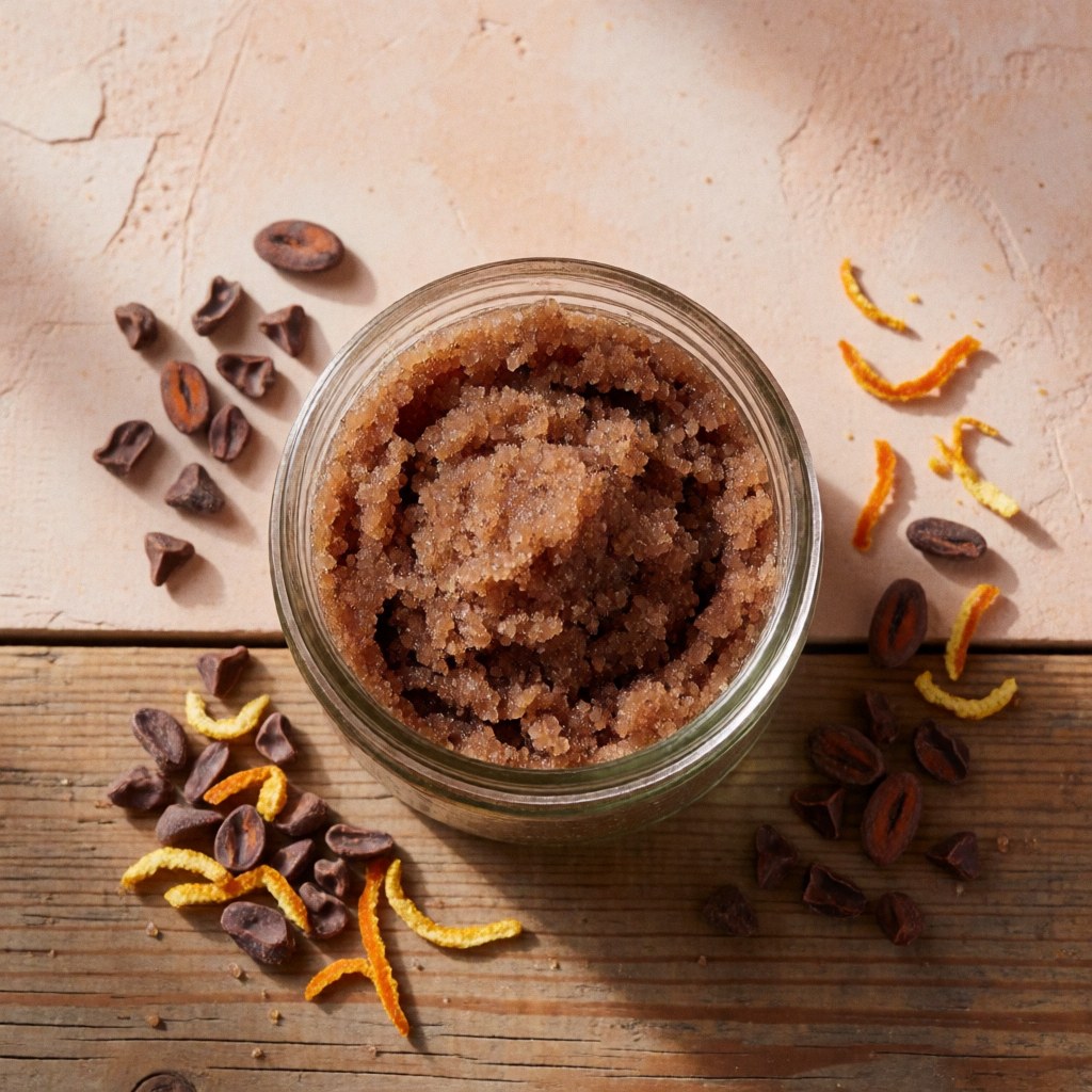 Un pot en verre rempli de gommage au cacao est posé sur une table en bois, entouré de fèves de cacao et d'écorces d'orange devant un mur en plâtre.