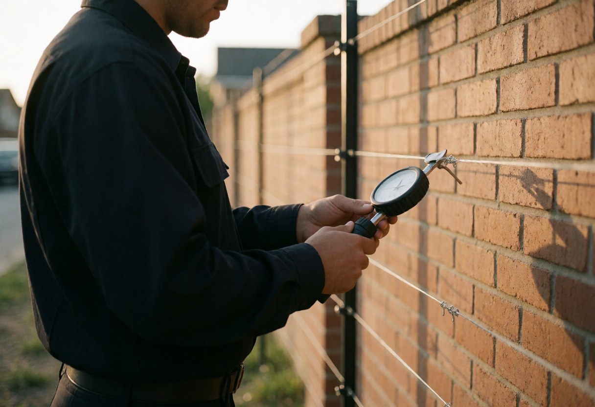 Un professionnel de la sécurité utilise un outil de mesure pour vérifier la tension d'une clôture électrique près d'un mur en briques au coucher du soleil.