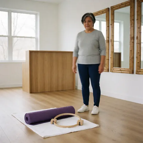 Vue d'un espace intérieur lumineux avec du matériel de yoga et de pilates disposé sur un sol en bois clair, incluant des tapis, des anneaux et des miroirs pour une pratique sereine.