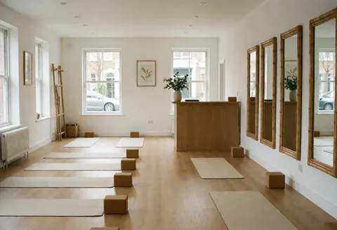 Intérieur lumineux d'un studio de yoga et pilates avec tapis, blocs, miroirs et plantes dans un décor minimaliste blanc et bois.
