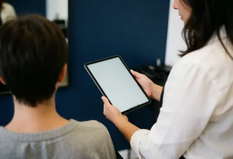 Un coiffeur professionnel montre des choix sur une tablette numérique à un client assis dans un salon moderne aux murs bleus.