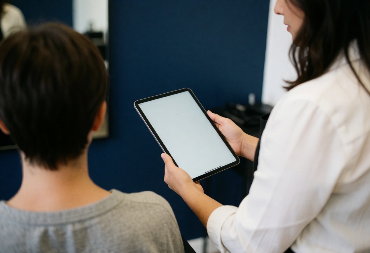Un coiffeur professionnel montre des choix sur une tablette numérique à un client assis dans un salon moderne aux murs bleus.