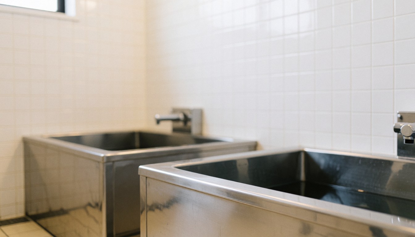 Fond blanc avec carreaux, baignoire en acier inoxydable, robinet et tuyaux, propre et lumineux, idéal pour textes ou logos liés aux soins canins.
