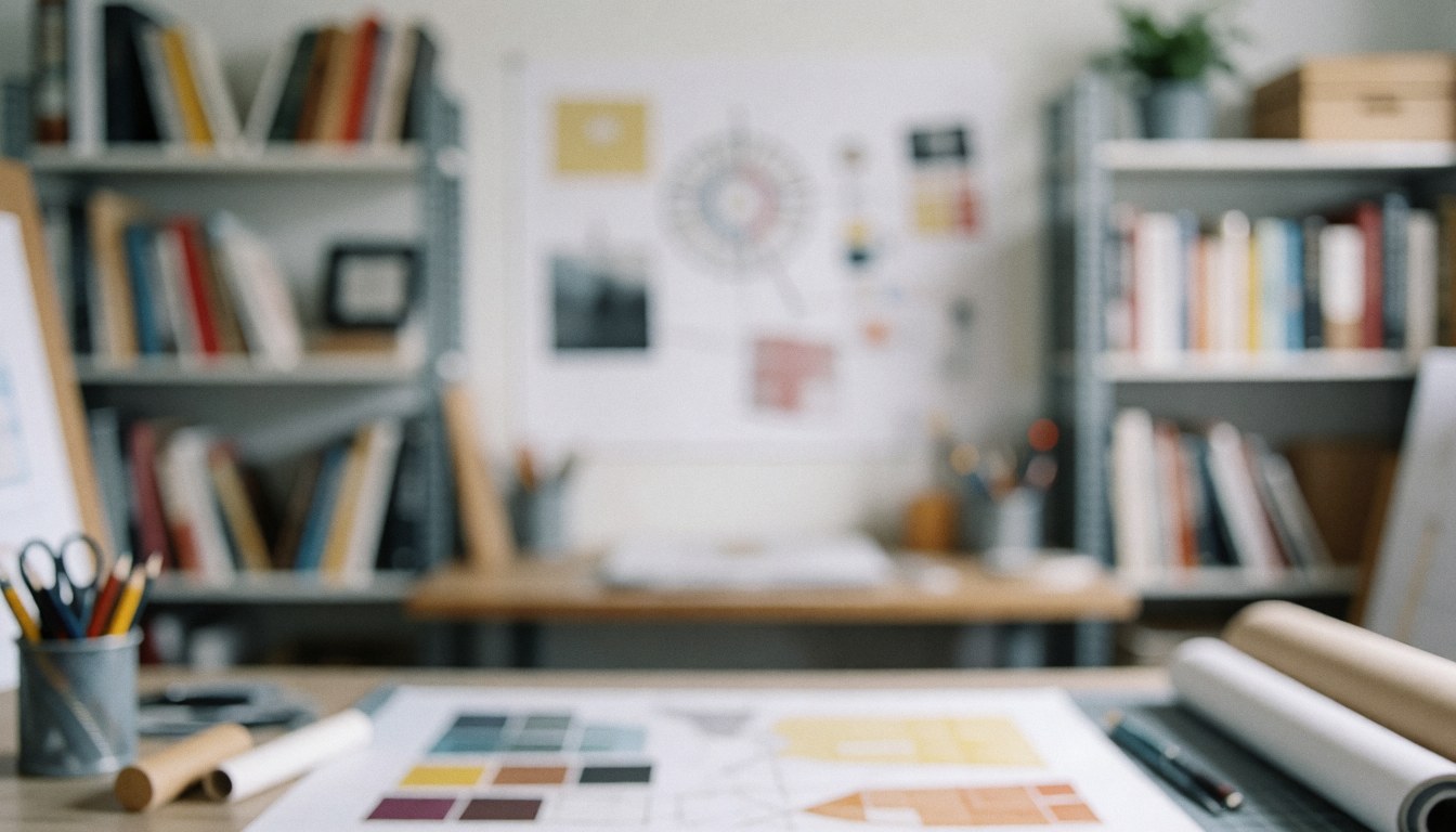 Arrière-plan de studio de design flou avec livres, outils et palettes de couleurs, idéal pour textes et graphiques