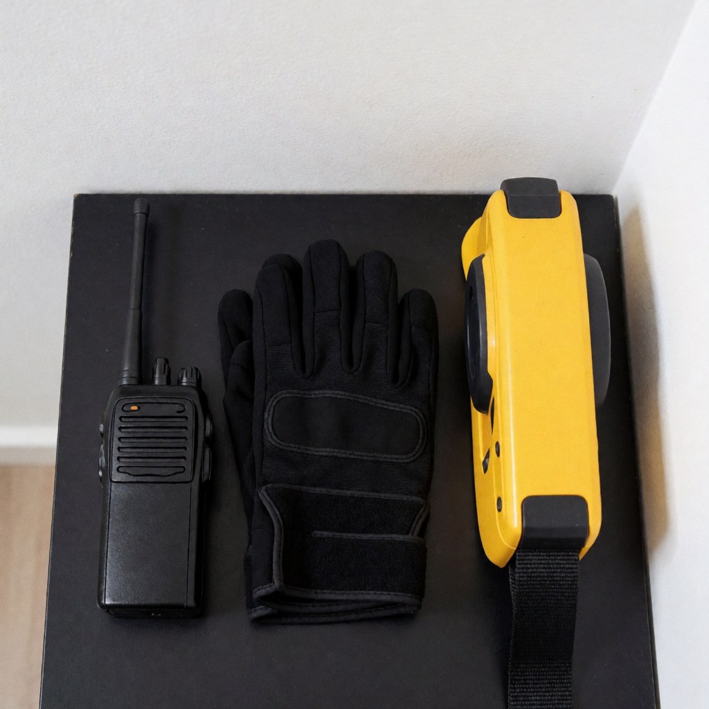 Radio, gants et barrière rétractable disposés sur une surface noire, éléments essentiels pour un catalogue de services de protection.