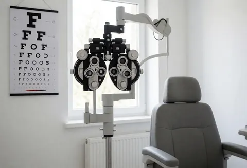 Salle d'examen optique vide équipée d'un phoropteur, d'une carte de test et d'une chaise pour patient. Idéale pour une optique ou clinique de la vue.