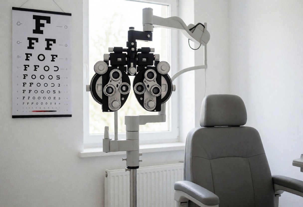 Salle d'examen optique vide équipée d'un phoropteur, d'une carte de test et d'une chaise pour patient. Idéale pour une optique ou clinique de la vue.