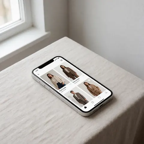 Interface minimaliste d'application mobile sur smartphone affichant une boutique en ligne avec vêtements, posée sur table près d'une fenêtre baignée de lumière naturelle.