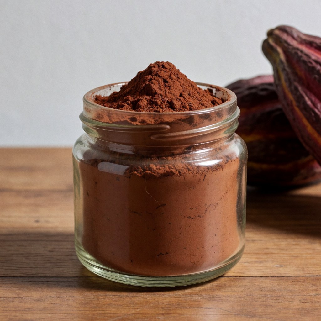 Jarre en verre remplie de cacao en poudre avec des fruits de cacao en arrière-plan sur une surface en bois à la lumière naturelle pour un produit naturel