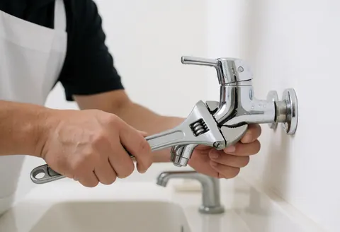 Plombier professionnel ajustant un robinet de salle de bain avec une clé, mains visibles, fond flou, éclairage pratique, outil de précision.
